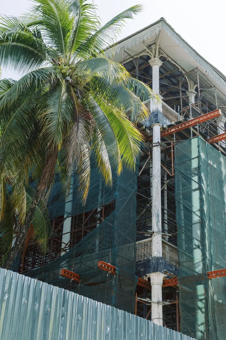 A building renovation with scaffolding in Zanzibar, Tanzania